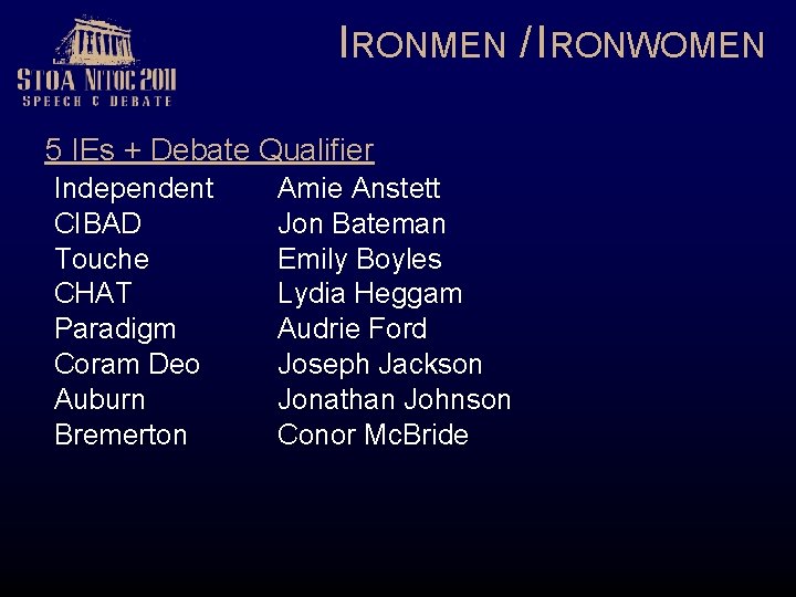 IRONMEN / IRONWOMEN 5 IEs + Debate Qualifier Independent CIBAD Touche CHAT Paradigm Coram