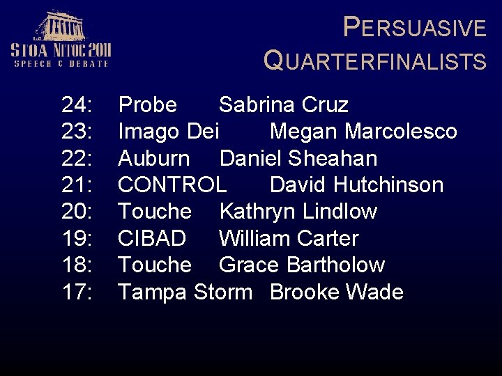 PERSUASIVE QUARTERFINALISTS 24: 23: 22: 21: 20: 19: 18: 17: Probe Sabrina Cruz Imago