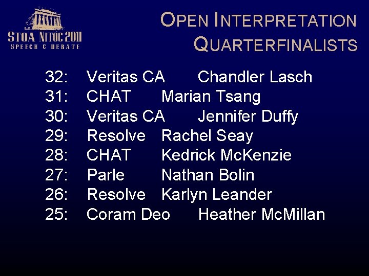 OPEN INTERPRETATION QUARTERFINALISTS 32: 31: 30: 29: 28: 27: 26: 25: Veritas CA Chandler
