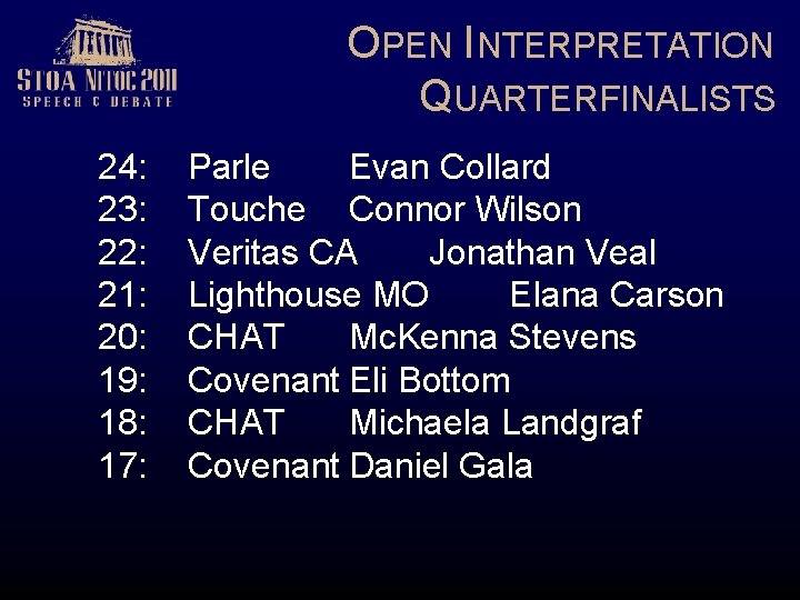 OPEN INTERPRETATION QUARTERFINALISTS 24: 23: 22: 21: 20: 19: 18: 17: Parle Evan Collard
