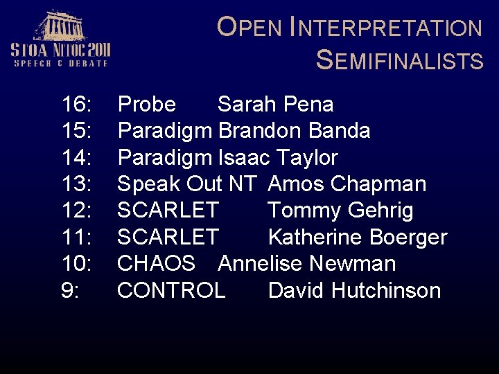 OPEN INTERPRETATION SEMIFINALISTS 16: 15: 14: 13: 12: 11: 10: 9: Probe Sarah Pena