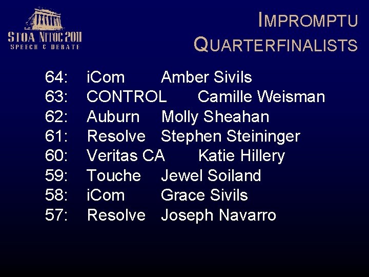IMPROMPTU QUARTERFINALISTS 64: 63: 62: 61: 60: 59: 58: 57: i. Com Amber Sivils