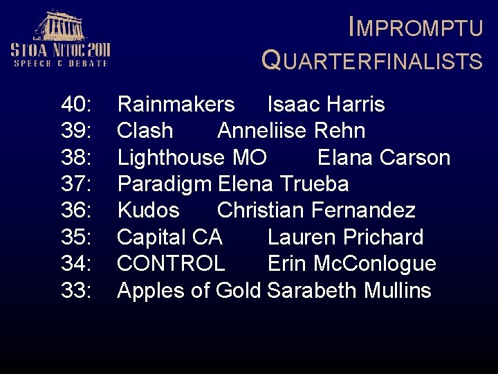 IMPROMPTU QUARTERFINALISTS 40: 39: 38: 37: 36: 35: 34: 33: Rainmakers Isaac Harris Clash