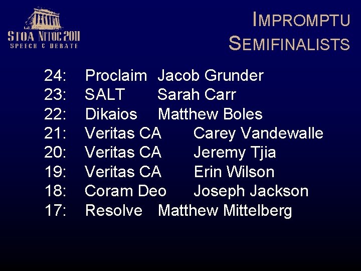 IMPROMPTU SEMIFINALISTS 24: 23: 22: 21: 20: 19: 18: 17: Proclaim Jacob Grunder SALT