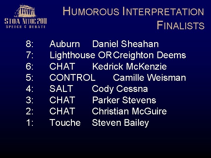 HUMOROUS INTERPRETATION FINALISTS 8: 7: 6: 5: 4: 3: 2: 1: Auburn Daniel Sheahan