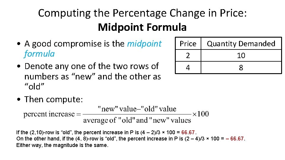 Computing the Percentage Change in Price: Midpoint Formula • A good compromise is the