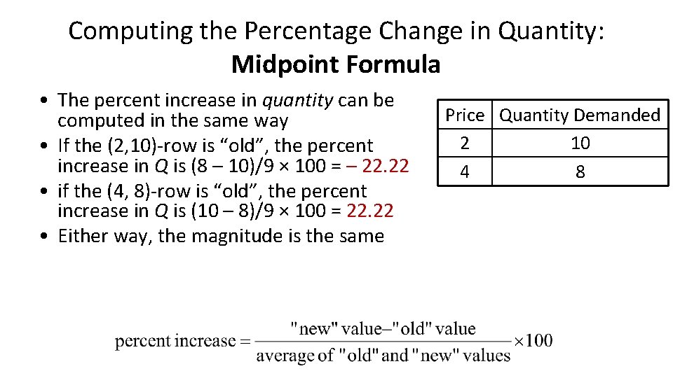 Computing the Percentage Change in Quantity: Midpoint Formula • The percent increase in quantity