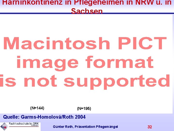 Harninkontinenz in Pflegeheimen in NRW u. in Sachsen (N=144) (N=195) Quelle: Garms-Homolová/Roth 2004 Günter