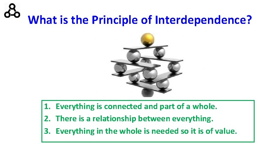 What is the Principle of Interdependence? 1. Everything is connected and part of a