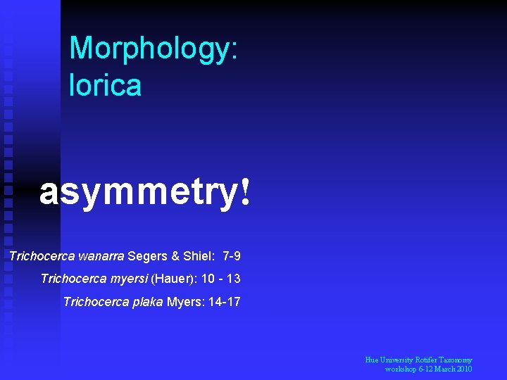 Morphology: lorica asymmetry! Trichocerca wanarra Segers & Shiel: 7 -9 Trichocerca myersi (Hauer): 10