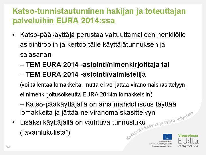 Katso-tunnistautuminen hakijan ja toteuttajan palveluihin EURA 2014: ssa • Katso-pääkäyttäjä perustaa valtuuttamalleen henkilölle asiointiroolin