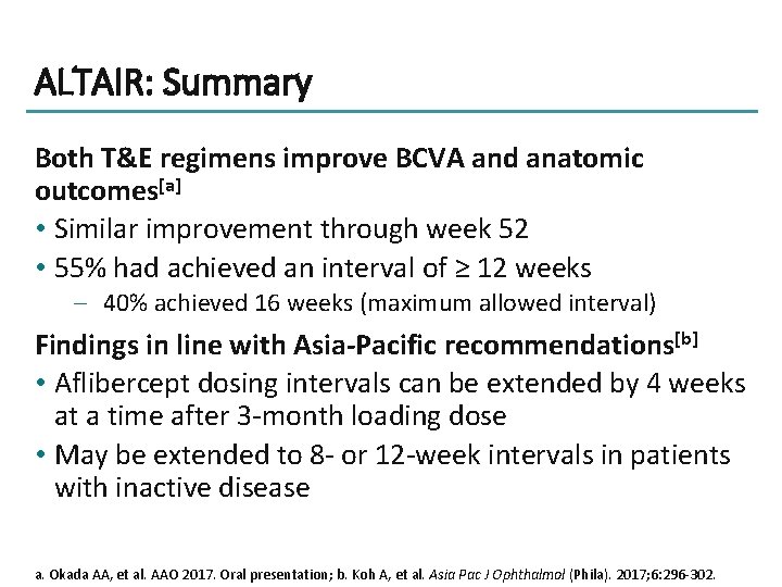 ALTAIR: Summary Both T&E regimens improve BCVA and anatomic outcomes[a] • Similar improvement through