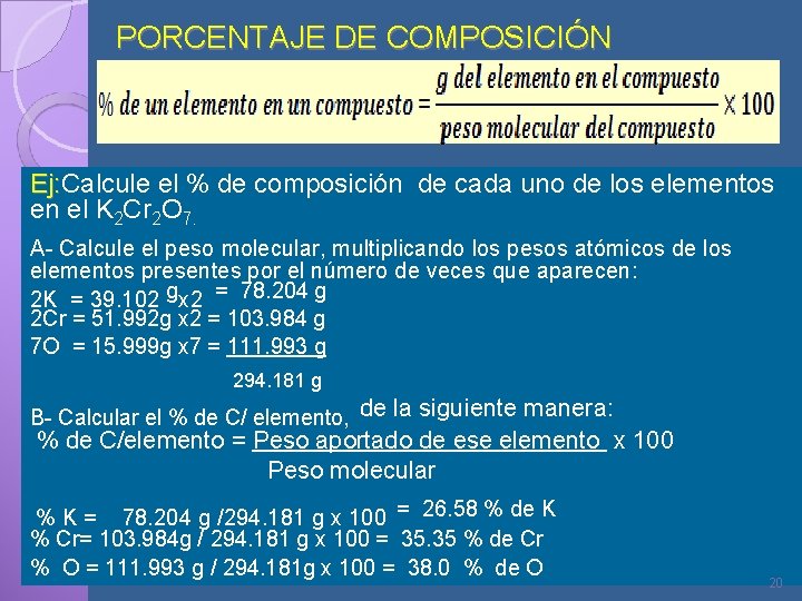 PORCENTAJE DE COMPOSICIÓN Ej: Calcule el % de composición de cada uno de los