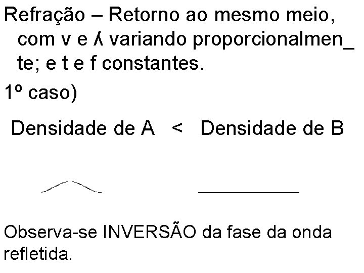 Refração – Retorno ao mesmo meio, com v e ʎ variando proporcionalmen_ te; e