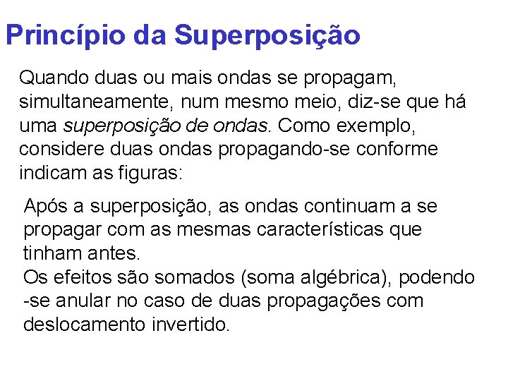 Princípio da Superposição Quando duas ou mais ondas se propagam, simultaneamente, num mesmo meio,