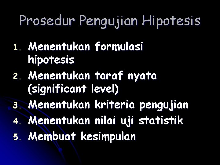 Prosedur Pengujian Hipotesis 1. 2. 3. 4. 5. Menentukan formulasi hipotesis Menentukan taraf nyata Prosedur Pengujian Hipotesis 1. 2. 3. 4. 5. Menentukan formulasi hipotesis Menentukan taraf nyata