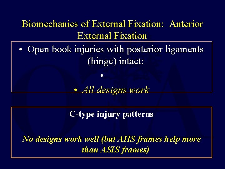 Biomechanics of External Fixation: Anterior External Fixation • Open book injuries with posterior ligaments