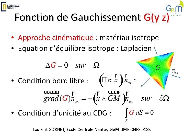 Fonction de Gauchissement G(y z) • Approche cinématique : matériau isotrope • Equation d’équilibre