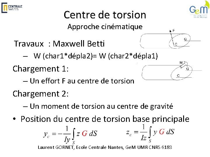 Centre de torsion Approche cinématique Travaux : Maxwell Betti – W (char 1*dépla 2)=