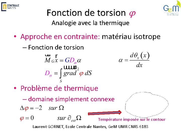 Fonction de torsion j Analogie avec la thermique • Approche en contrainte: matériau isotrope