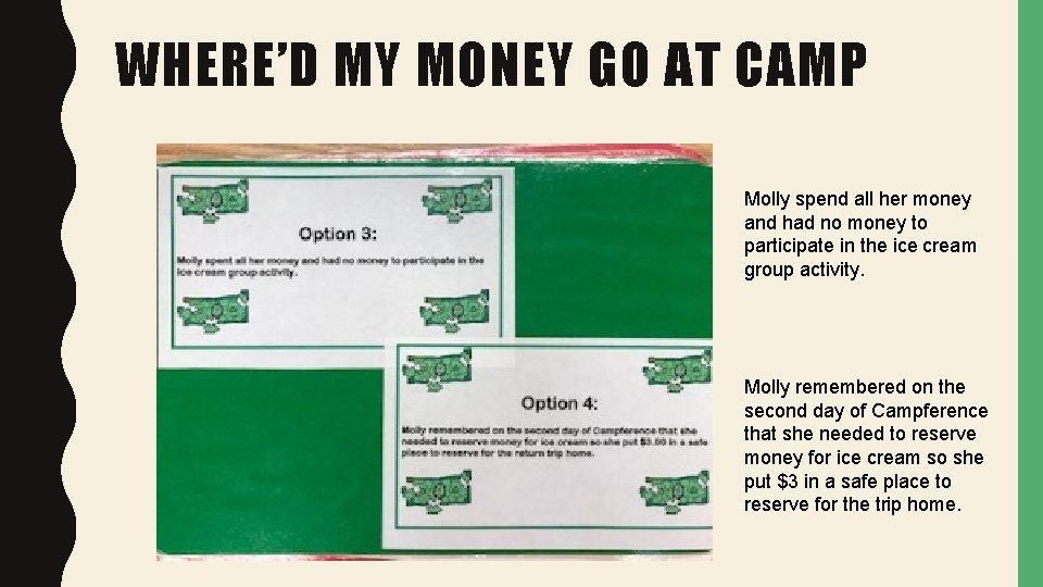 WHERE’D MY MONEY GO AT CAMP Molly spend all her money and had no