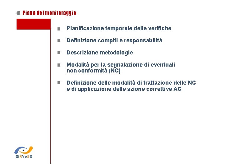 Piano del monitoraggio Pianificazione temporale delle verifiche Definizione compiti e responsabilità Descrizione metodologie Modalità