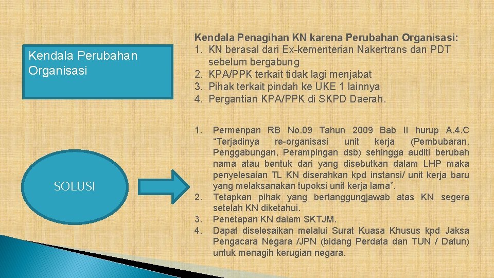 Kendala Perubahan Organisasi Kendala Penagihan KN karena Perubahan Organisasi: 1. KN berasal dari Ex-kementerian