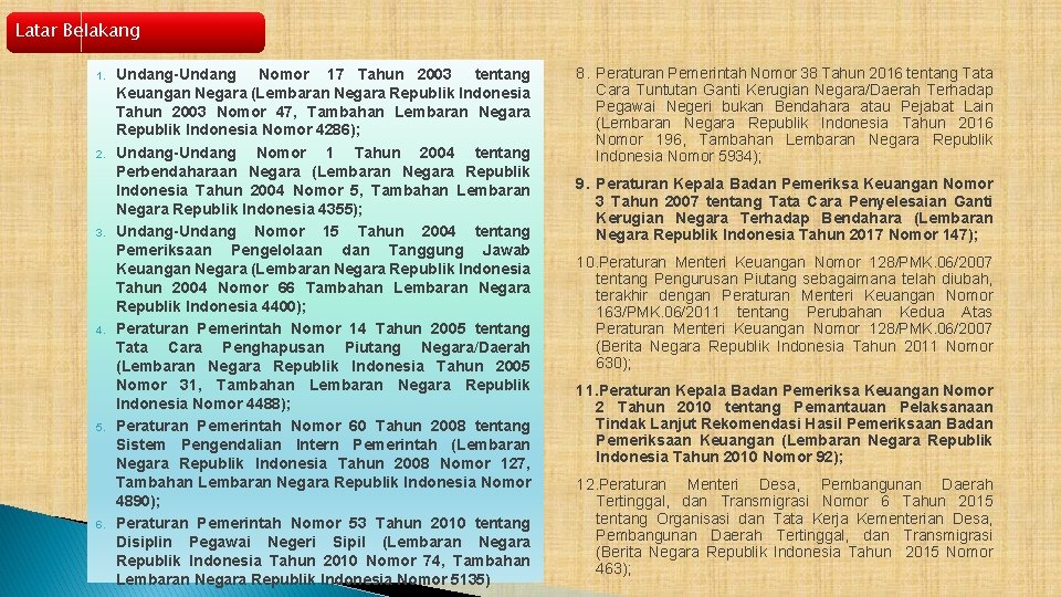 Latar Belakang 1. 2. 3. 4. 5. 6. Undang-Undang Nomor 17 Tahun 2003 tentang