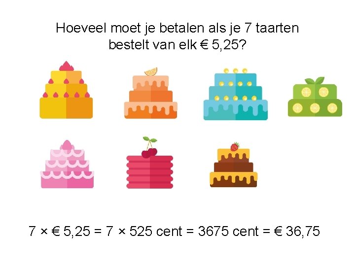 Hoeveel moet je betalen als je 7 taarten bestelt van elk € 5, 25?