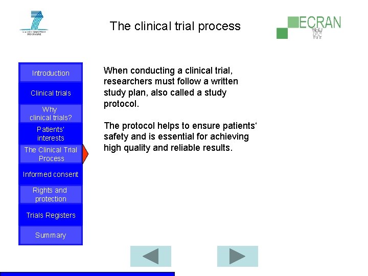 The clinical trial process Introduction Clinical trials Why clinical trials? Patients‘ interests The Clinical