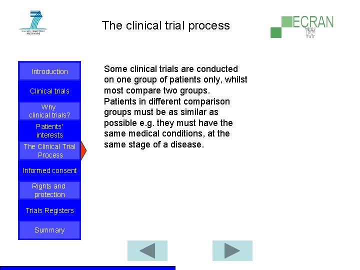 The clinical trial process Introduction Clinical trials Why clinical trials? Patients‘ interests The Clinical