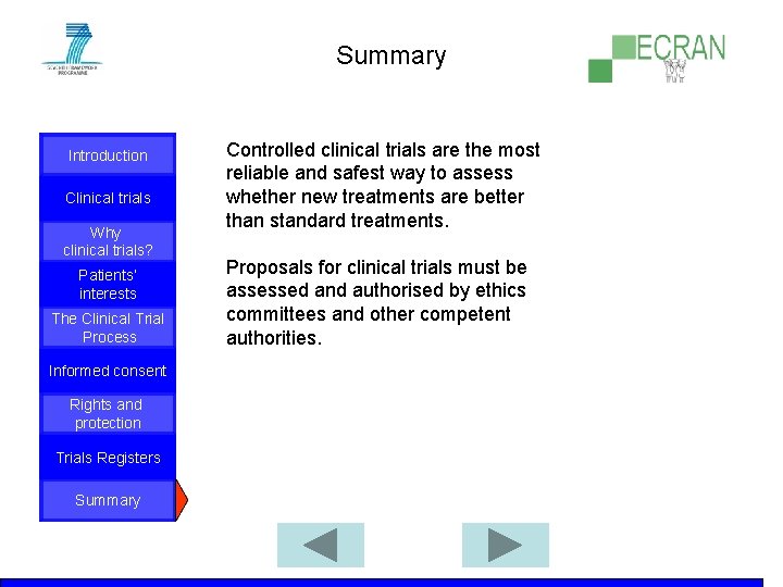 Summary Introduction Clinical trials Why clinical trials? Patients‘ interests The Clinical Trial Process Informed