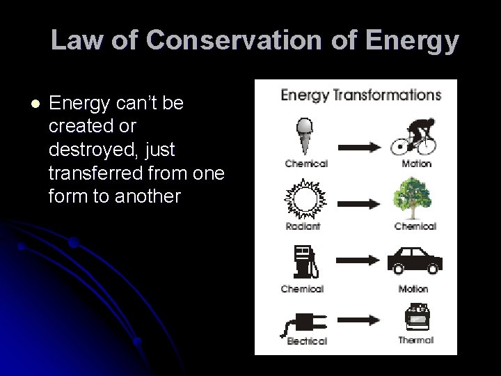 Law of Conservation of Energy l Energy can’t be created or destroyed, just transferred