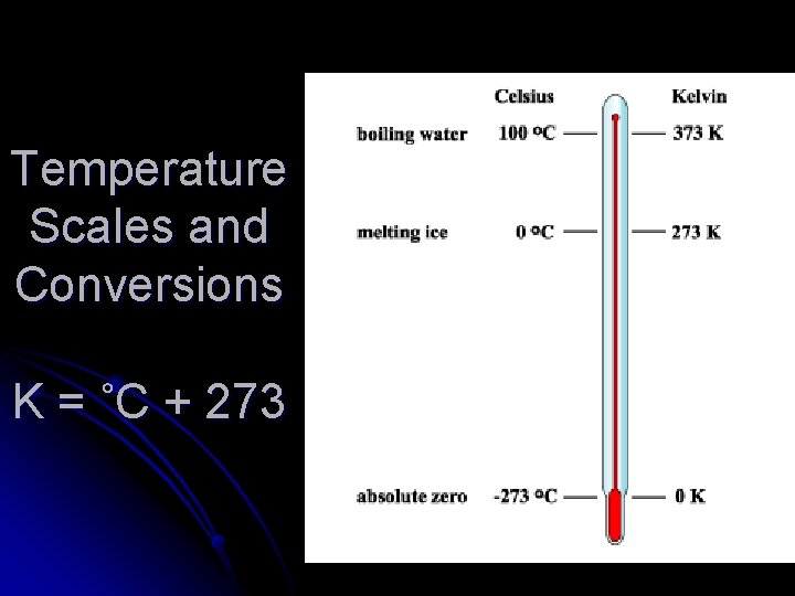 Temperature Scales and Conversions K = ˚C + 273 