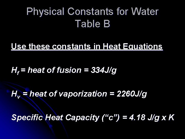 Physical Constants for Water Table B Use these constants in Heat Equations Hf =