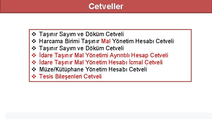 Cetveller v v v v Taşınır Sayım ve Döküm Cetveli Harcama Birimi Taşınır Mal Cetveller v v v v Taşınır Sayım ve Döküm Cetveli Harcama Birimi Taşınır Mal