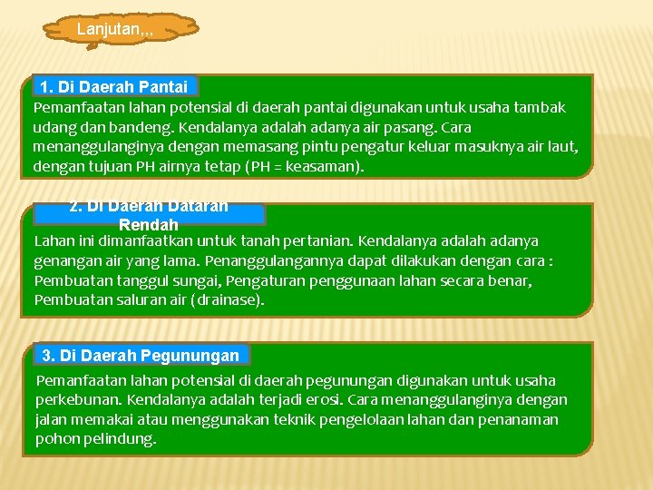 Lanjutan, , , 1. Di Daerah Pantai Pemanfaatan lahan potensial di daerah pantai digunakan