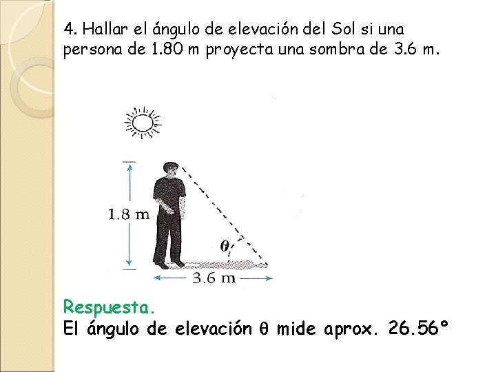 4. Hallar el ángulo de elevación del Sol si una persona de 1. 80