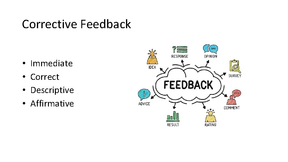 Corrective Feedback • • Immediate Correct Descriptive Affirmative 