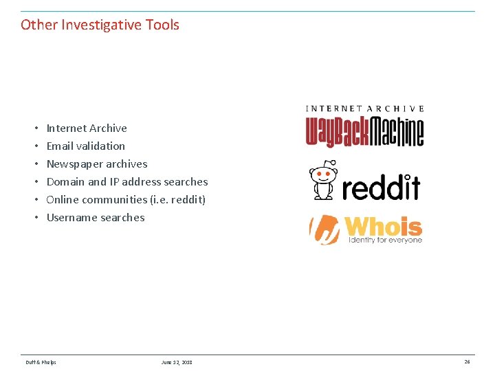 Other Investigative Tools • • • Internet Archive Email validation Newspaper archives Domain and