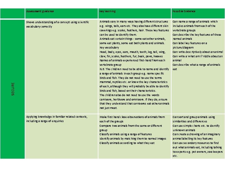 Key learning Possible Evidence Shows understanding of a concept using scientific vocabulary correctly Animals