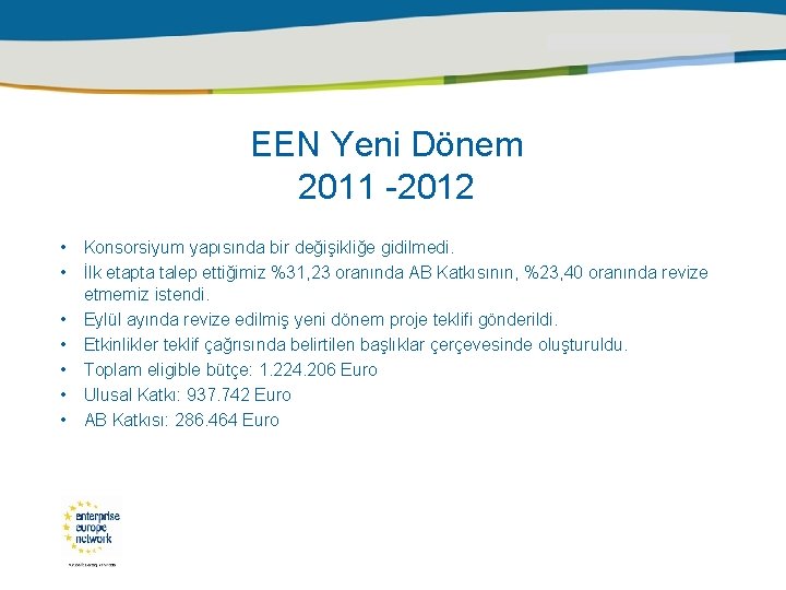 EEN Yeni Dönem 2011 -2012 • Konsorsiyum yapısında bir değişikliğe gidilmedi. • İlk etapta