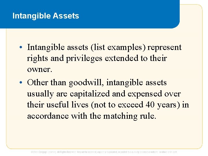 Intangible Assets • Intangible assets (list examples) represent rights and privileges extended to their