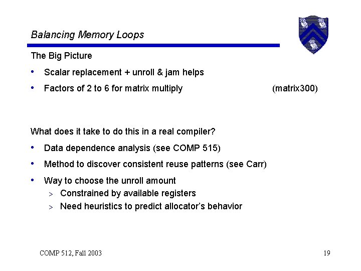 Balancing Memory Loops The Big Picture • Scalar replacement + unroll & jam helps