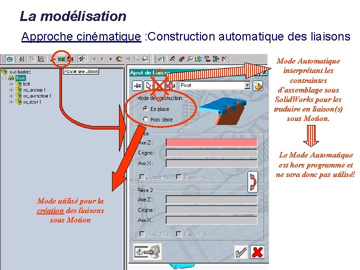 La modélisation Approche cinématique : Construction automatique des liaisons Mode Automatique interprétant les contraintes