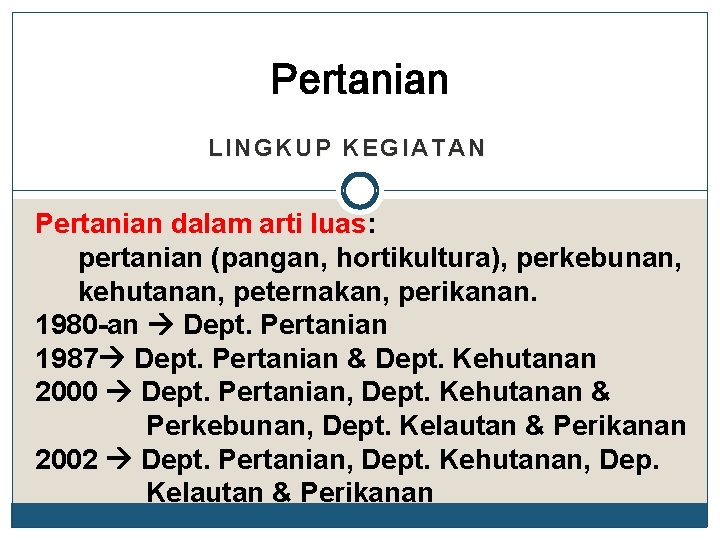 Pertanian LINGKUP KEGIATAN Pertanian dalam arti luas: pertanian (pangan, hortikultura), perkebunan, kehutanan, peternakan, perikanan.