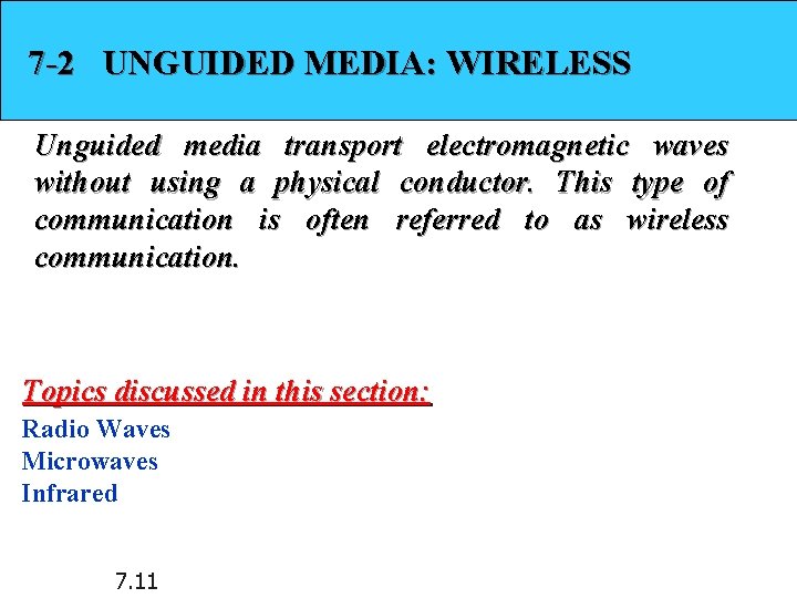 7 -2 UNGUIDED MEDIA: WIRELESS Unguided media transport electromagnetic waves without using a physical 7 -2 UNGUIDED MEDIA: WIRELESS Unguided media transport electromagnetic waves without using a physical