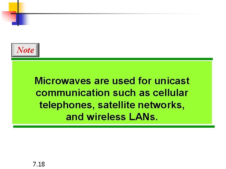 Note Microwaves are used for unicast communication such as cellular telephones, satellite networks, and Note Microwaves are used for unicast communication such as cellular telephones, satellite networks, and