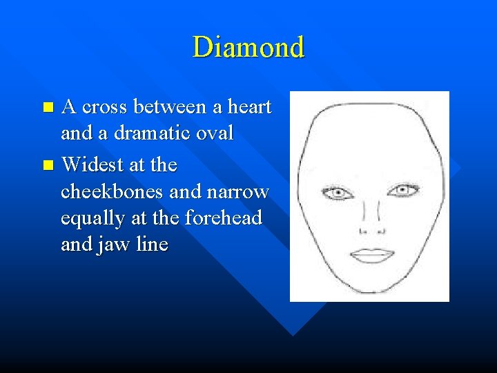 Diamond A cross between a heart and a dramatic oval n Widest at the