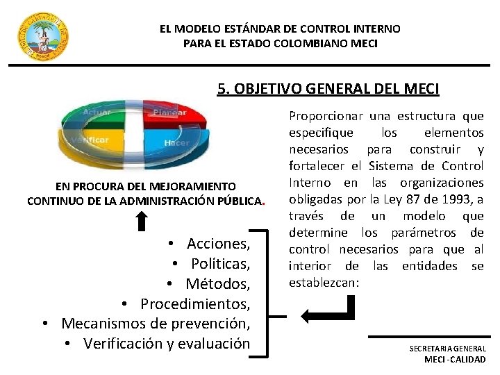 EL MODELO ESTÁNDAR DE CONTROL INTERNO PARA EL ESTADO COLOMBIANO MECI 5. OBJETIVO GENERAL